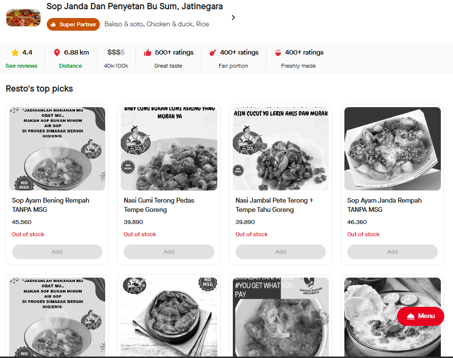 menu di Sop Janda dan Penyetan Bu Sum [Grab]